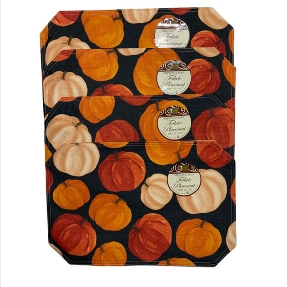Pumpkin Linen Print Fabric Placemats Fall Autumn Halloween Seasons Set of 4 - Picture 2 of 11